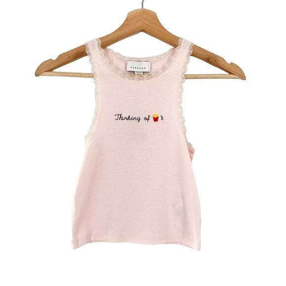 Topshop | Tops | Topshop Baby Crop Top Thinking Of Fries Embroidered In Pink  Lace Trim | Poshmark